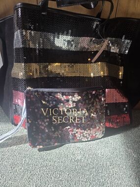 Victoria's Secret Black Sequin Tote with Matching Pouch